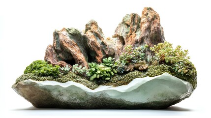 rock decoration with plants on white background