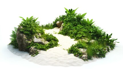 Green Island theme decoration with white sand on white background. 3D rendering