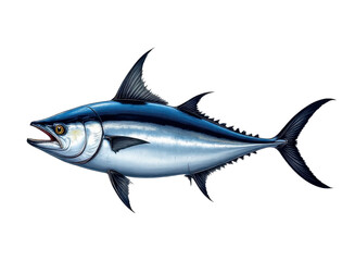 solo atlantic bluefin tuna with gills exposed on a white background, in a detailed style, with intricate lines, minimal shadow, bright light, high resolution