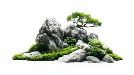 rocks with bonsai tree on white background