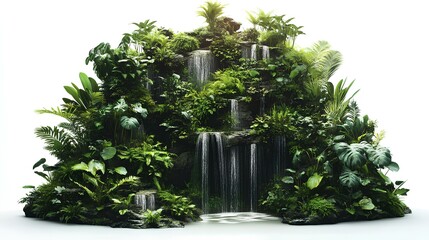 3D rendering of a waterfall with a lot of plants on a white background