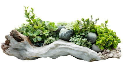 tree roots with stones and plants isolated on transparent background. aquarium or aquascape decoration