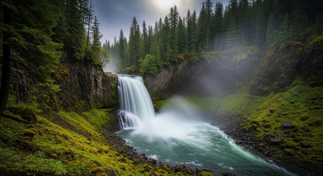 A serene waterfall surrounded by lush greenery and mist, with a rocky foreground and dense forest in the background.