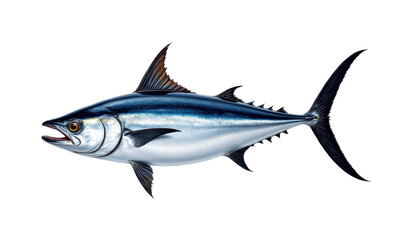solo atlantic bluefin tuna fillet with fat lines on a white background, in a detailed style, with intricate lines, minimal shadow, bright light, high resolution