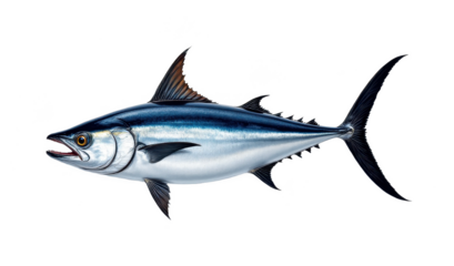 solo atlantic bluefin tuna fillet with fat lines on a white background, in a detailed style, with intricate lines, minimal shadow, bright light, high resolution