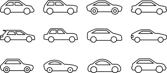 Outline car vector icons set different car body types automobile design elements transport vehicle shapes editable stock vector illustration