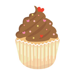 A chocolate cupcake with hearts and sprinkles. 