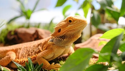 Bearded dragon basking among lush greenery, a reptile portrait in natural light