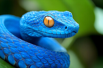 Fototapeta premium Close-up view of a vibrant blue venomous pit viper.
