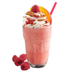 Refreshing raspberry peach milkshake topped with whipped cream and fruit, perfect for summer enjoyment