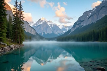 Naklejka premium Beautiful mountain lake landscape with reflections of majestic peaks and trees under a cloudy sky