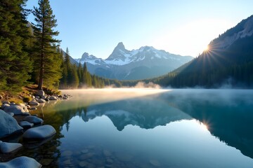 Fototapeta premium Breathtaking sunrise over a serene lake with majestic mountains and tranquil reflections