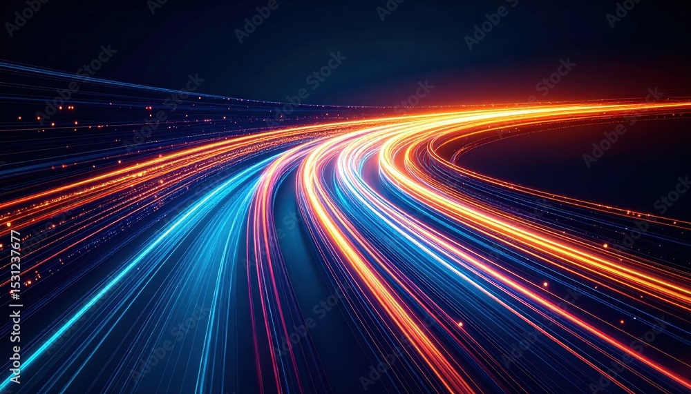 Poster glowing digital pathway with streams of light flowing through network