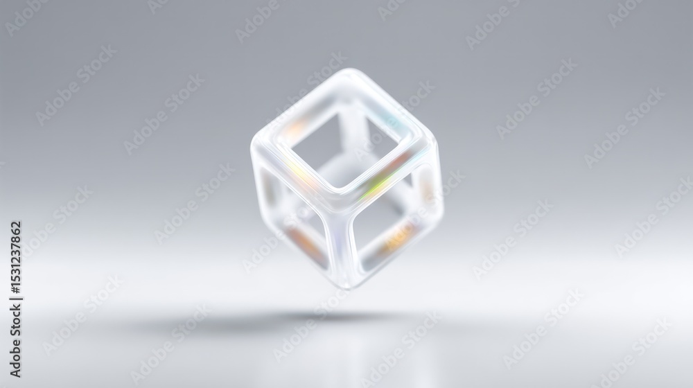 Poster abstract white wireframe cube floating diagonally on grey background