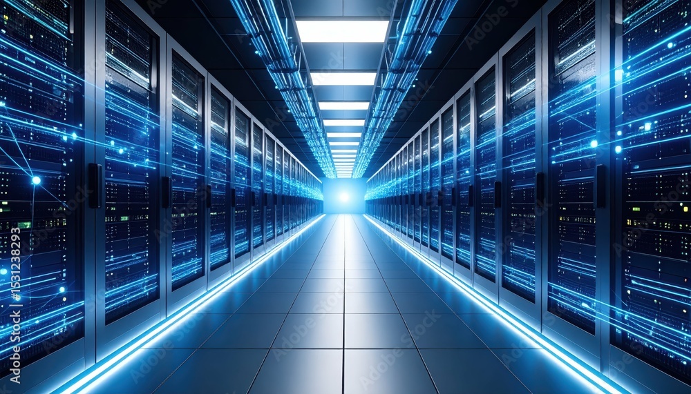 Poster abstract digital pathway with glowing network cables and servers