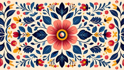 Vibrant Floral Pattern  A Symmetrical Design of Colorful Flowers and Leaves