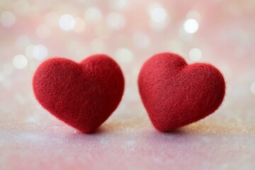 Obraz premium Two crimson felt hearts rest gently on a sparkling pink surface, bathed in soft romantic light