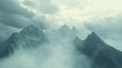 Misty mountain peaks rise above a thick fog, a serene landscape of dramatic clouds and peaks.