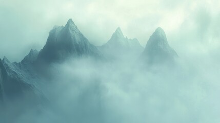 Misty mountain peaks shrouded in ethereal clouds, creating a serene and mysterious landscape.