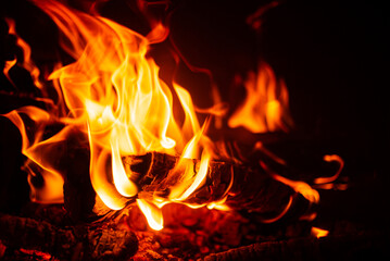 Fiery tongues flicker and sway, casting warm glows in the dark while consuming wood