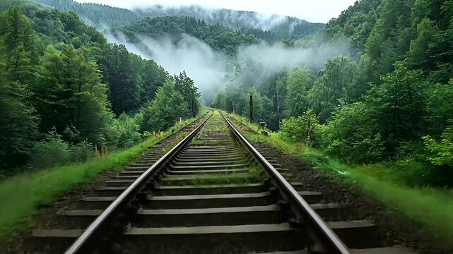Serene railway tracks leading through lush green mountains with misty background scenery