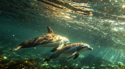 Obraz premium Sunlight Dapples Two Dolphins Swimming Underwater