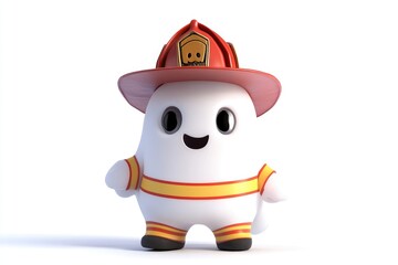 a cute little cartoon ghost with adorable features, fireman, isolated on white background