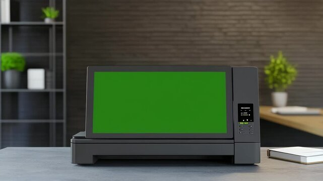 Gray office printer with green screen