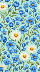 Blue and White Floral Pattern Seamless Design Pretty Spring Flowers Illustration