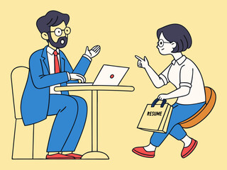 Flat office illustration of professional job interview with recruiter reviewing resume and asking questions