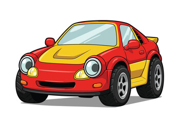 Red sports car with yellow stripes isolated on white background showcases a sleek design and powerful presence