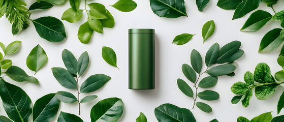 A green container is placed in the middle of a bunch of green leaves