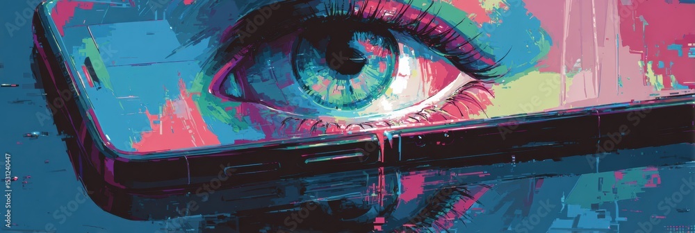 Leinwandbilder Stylized Eye Reflecting in Smartphone Screen With Cyberpunk Colors Creating an Abstract Visual Display in a Minimal Right Area