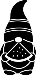 Cute summer gnome holding watermelon black silhouette vector pattern isolated.
Transparent background. SVG file.