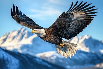 A majestic bald eagle soaring high above snow-capped mountains, its wings spread wide as it glides effortlessly through the crisp air.