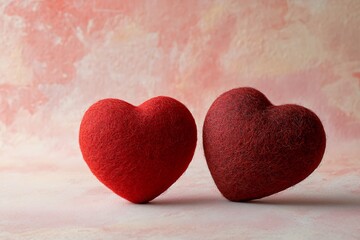 Obraz premium Two crimson felt hearts rest gently against a blush pink backdrop