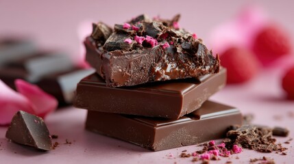 Stacked dark chocolate bars with pink raspberry sprinkles and flower petals.