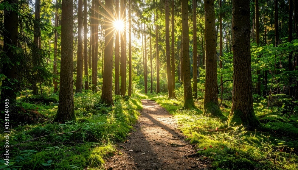 Poster sunlight filtering through dense canopy in a serene forest path