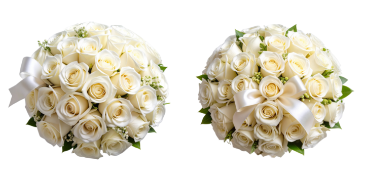 Elegant White Rose Wedding Bouquet with Satin Ribbon, isolated on transparent background PNG - Powered by Adobe