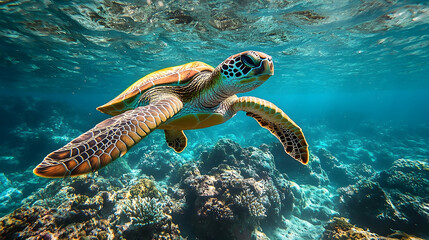 Fototapeta premium Sea turtle swimming gracefully amidst vibrant coral reef.