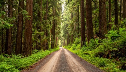 Fototapeta premium Forgotten Logging Road Disappearing Into Dense Forest Embracing Nature