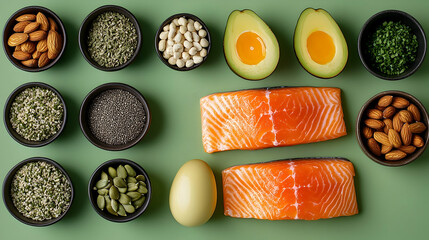Naklejka premium Assortment of healthy foods arranged on a green surface.