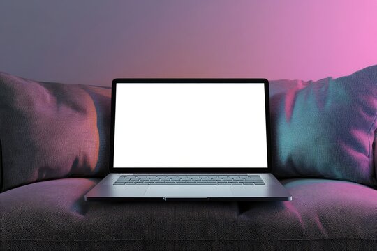 minimal luxury laptop facing front to camera with white blank screen, placed on soft puffy modern sofa seat with color matching gradient grey
