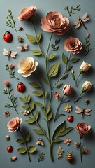 Elegant Paper Flowers and Insects Art A Delicate Botanical Composition
