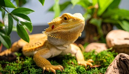Fototapeta premium Bearded Dragon basking on mossy ground with green foliage background