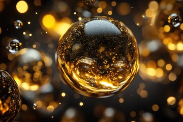 A high-quality image of octet, which is actually a natural compound from oil shale, inside golden glass spheres and shapes with water droplets on them