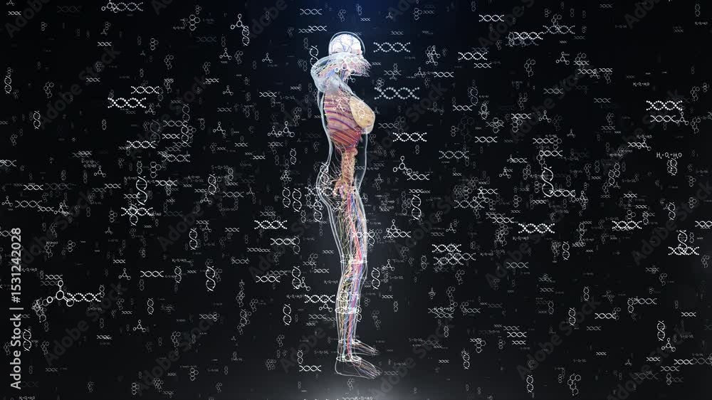 Poster human anatomy scan with dna and chemical structures floating in dark space