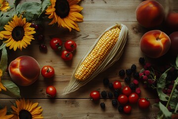 Overhead shot of corn, peaches, tomatoes, blackberries, and sunflowers arranged on a rustic wooden surface.
