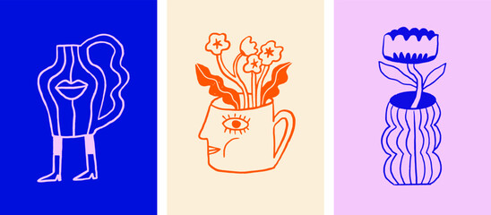 Retro surrealist flowers, houseplants and vases cartoon characters