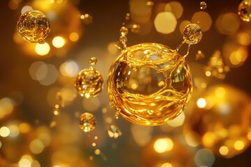 A high-quality image of octet, which is actually a natural compound from oil shale, inside golden glass spheres and shapes with water droplets on them